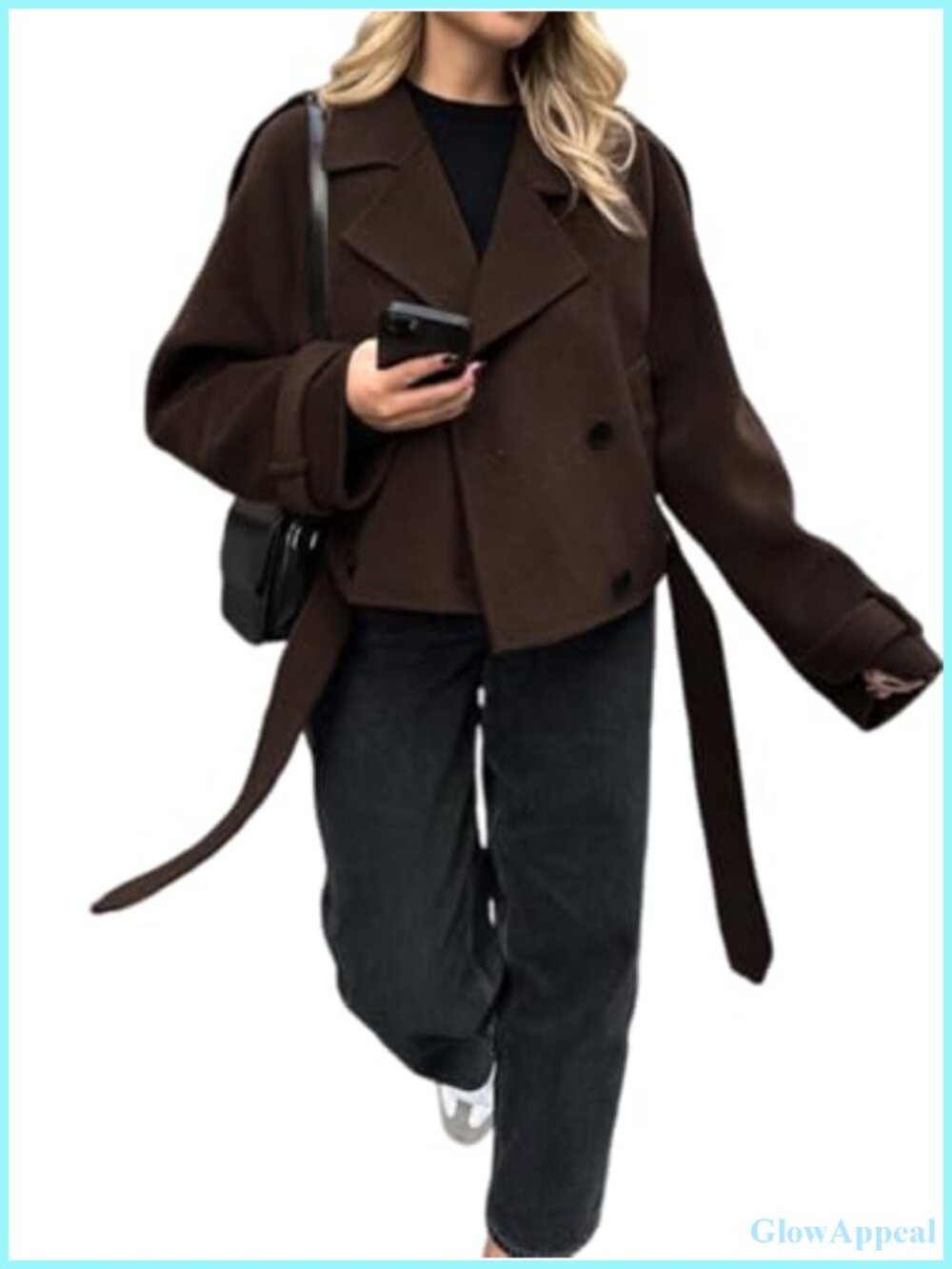 Women's Cropped Wool Blend Pea Coat Double Breasted Notched Lapel Short Jacket
